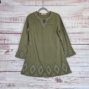 Shukr Tunic Shirt Womens M Olive Green Embroidered Long Sleeve Modest Cotton Top